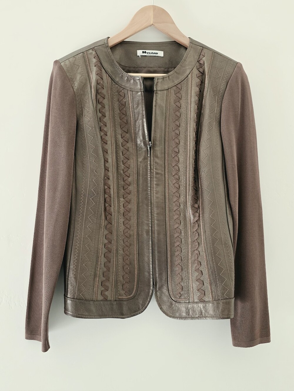 Nygard Bronze Leather And Knit Embroidered Ribbon Full Zip Jacket Women's Size M